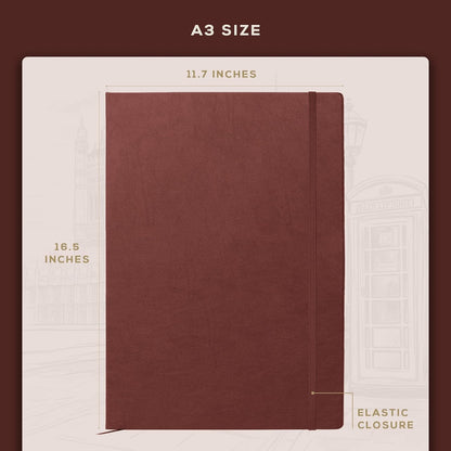 Beechmore Books A3 Sketchbook – 11.7x16.5 Premium Vegan Leather Bound Large Sketch Book Hardcover with 160 Thick 160gsm Perforated Ivory Pages, Blank Sketch Pad Gift Boxed Back Pocket Ribbon Bookmark - Crafty Corner