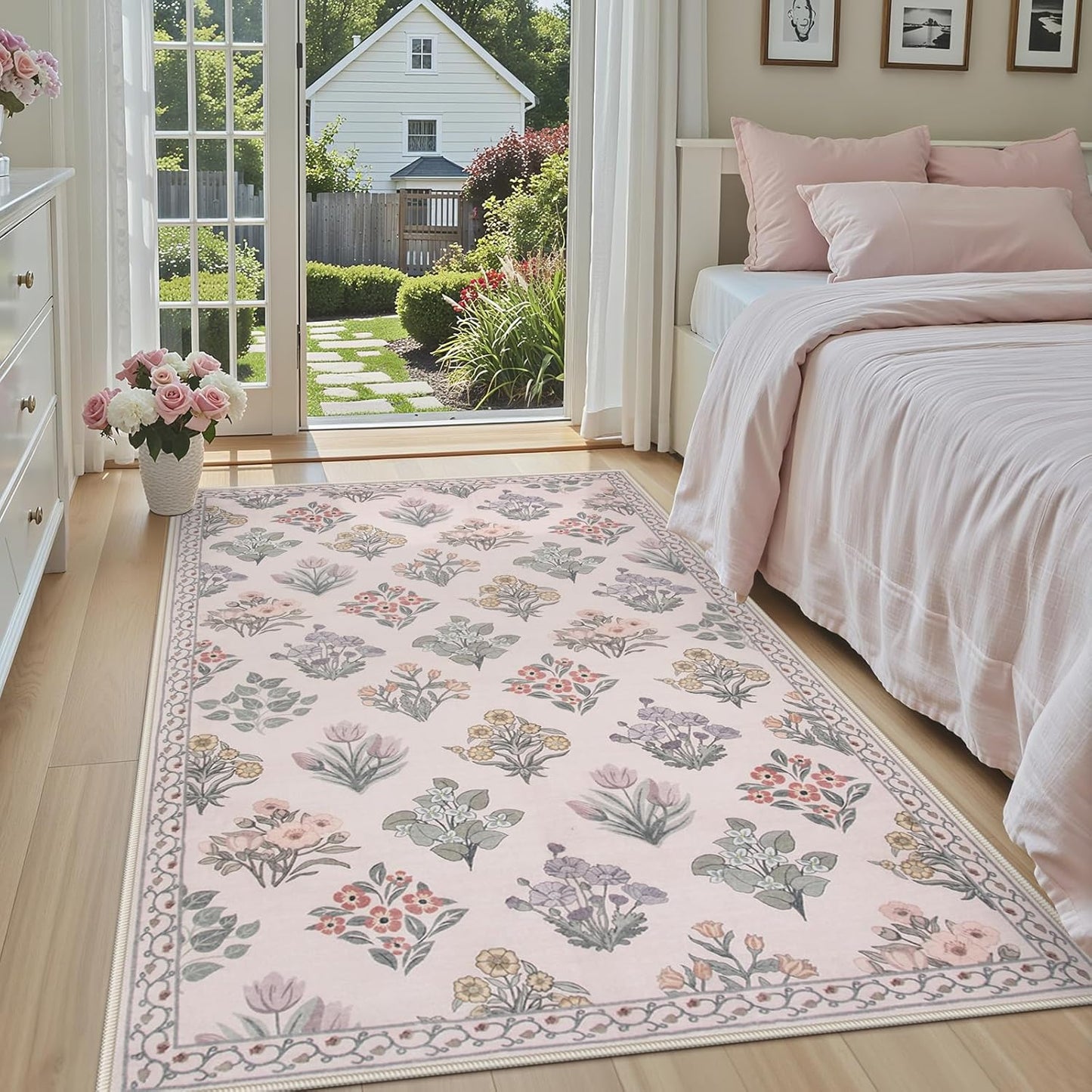 Wonnitar Boho Floral 3x5 Washable Rug, Ultra-Thin Pink Small Rugs for Bedroom, Soft Non Slip Moroccan Throw Carpet for Nursery Girls Bedside Dorm Room Decor, Pale Pink