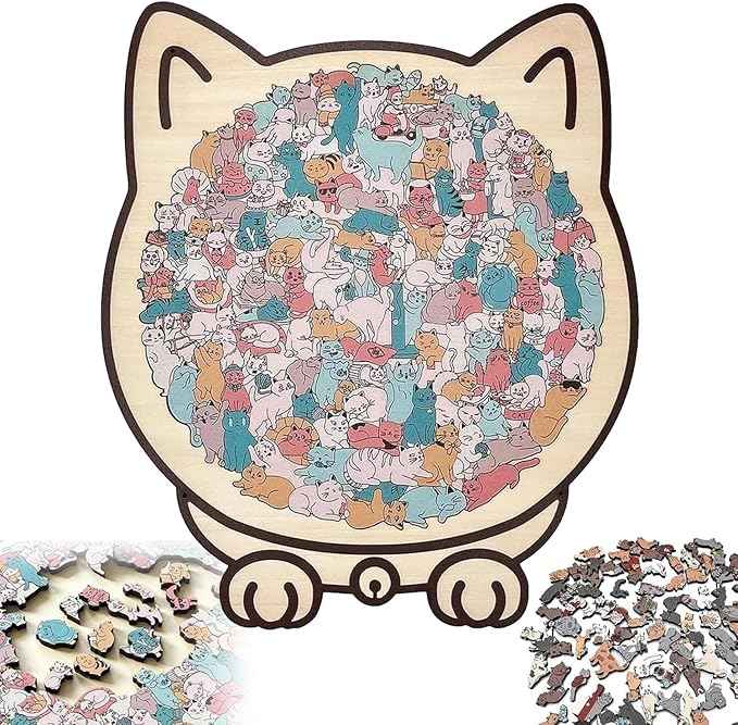 135 Piece Colored Cat Shaped Wooden Jigsaw Puzzle, Cats Shaped Wooden Puzzle, Unique Animal Shape Wood Puzzle and Acrylic Cover, Creative Gifts for Cats Lovers, Home Decor
