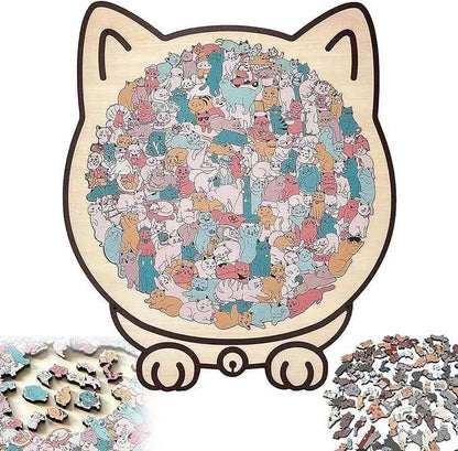 135 Piece Colored Cat Shaped Wooden Jigsaw Puzzle, Cats Shaped Wooden Puzzle, Unique Animal Shape Wood Puzzle and Acrylic Cover, Creative Gifts for Cats Lovers, Home Decor