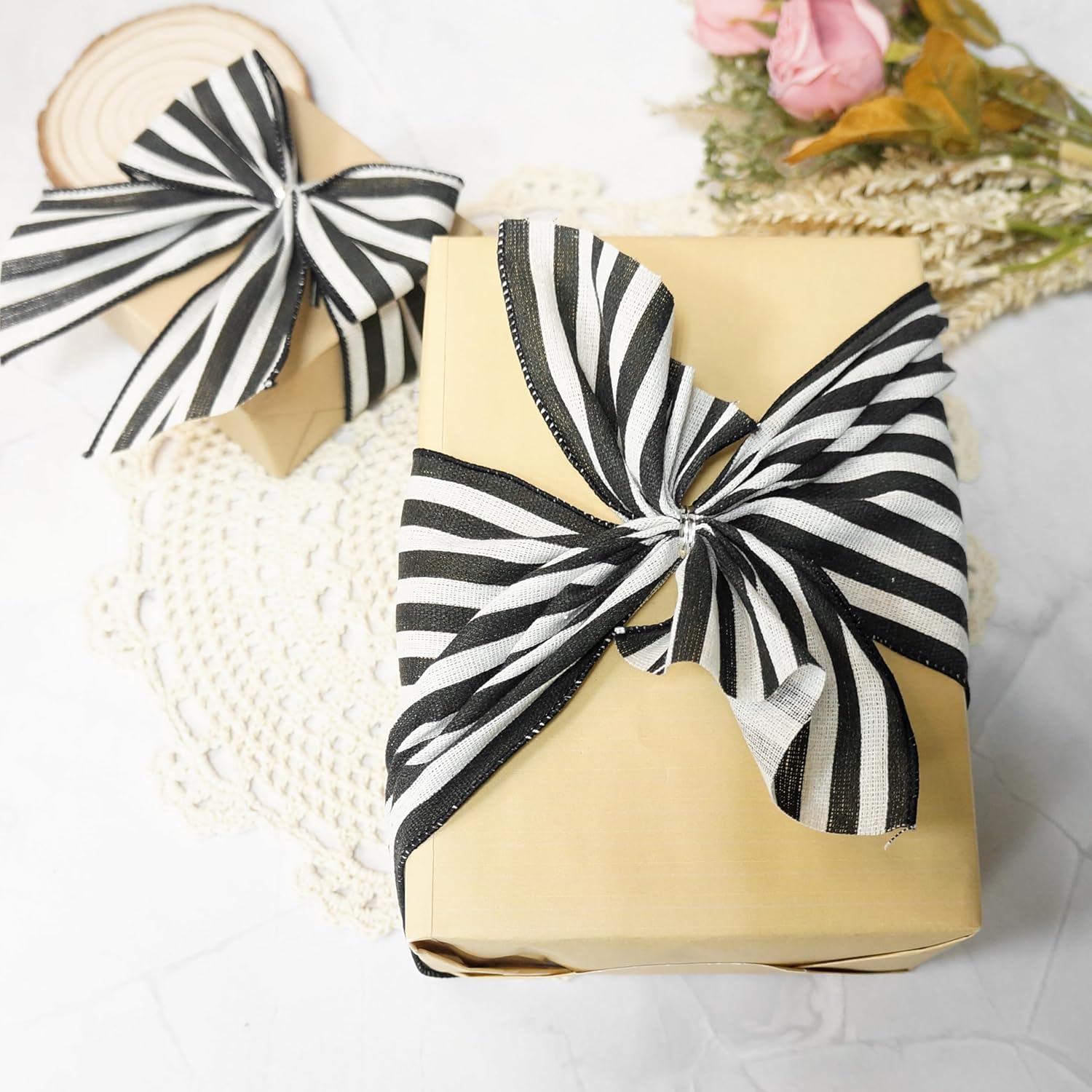 CT CRAFT LLC Striped Canvas Cotton Ribbon 4" x 10 Yards Ivory/Black Stripes for Thanksgiving Christmas Home Décor Gift Wrapping Outdoor Tree Topper Bow Wreath - Crafty Corner