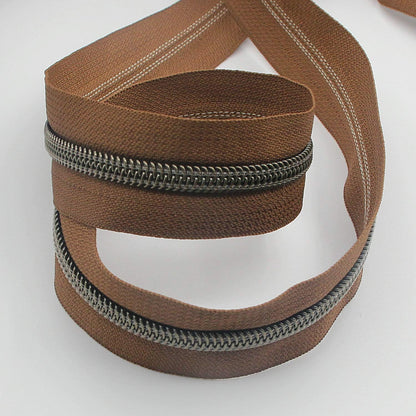 Leekayer #5 Antique Brass Metallic Nylon Coil Zippers by The Yard Bulk 10 Yards (Brown Tape with 25pcs Brass Sliders for DIY Sewing Tailor Craft Bag(Brown)
