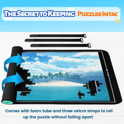 Jigsaw Puzzle Mat Roll Up, Portable Saver Pad 53” x 35” Up to 3000 Pieces, Puzzle Matt Rollup with Non-Slip Rubber Bottom & Smooth Top. (6 Sorting Trays & 1 Storage Bag)