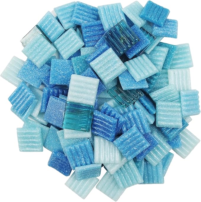 Mosaic Tiles, Bulk Glass Mosaic Pieces, 2x2cm Wavy Square Tiles, Mosaic Kits for Adults, Glass Mosaic Tiles forCrafts DIY Art, Frames, Vases Filler, Home Decor, 410g/14.5oz (Blue)