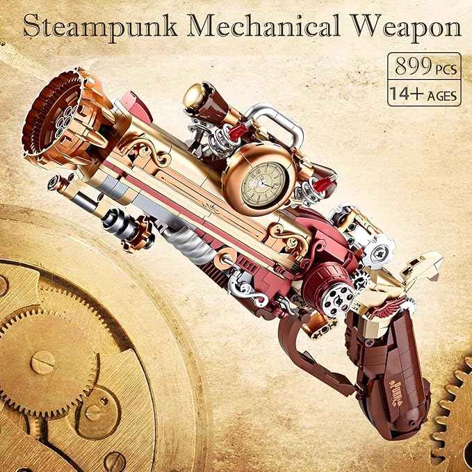 Finger Rock Ideas Steampunk Mechanical Gun Weapon Building Blocks Set for Adults, Gun Building Kit with a Base for Display, 899 PCS Classic Toy Weapon Model Collection Gifts for Teens 14+