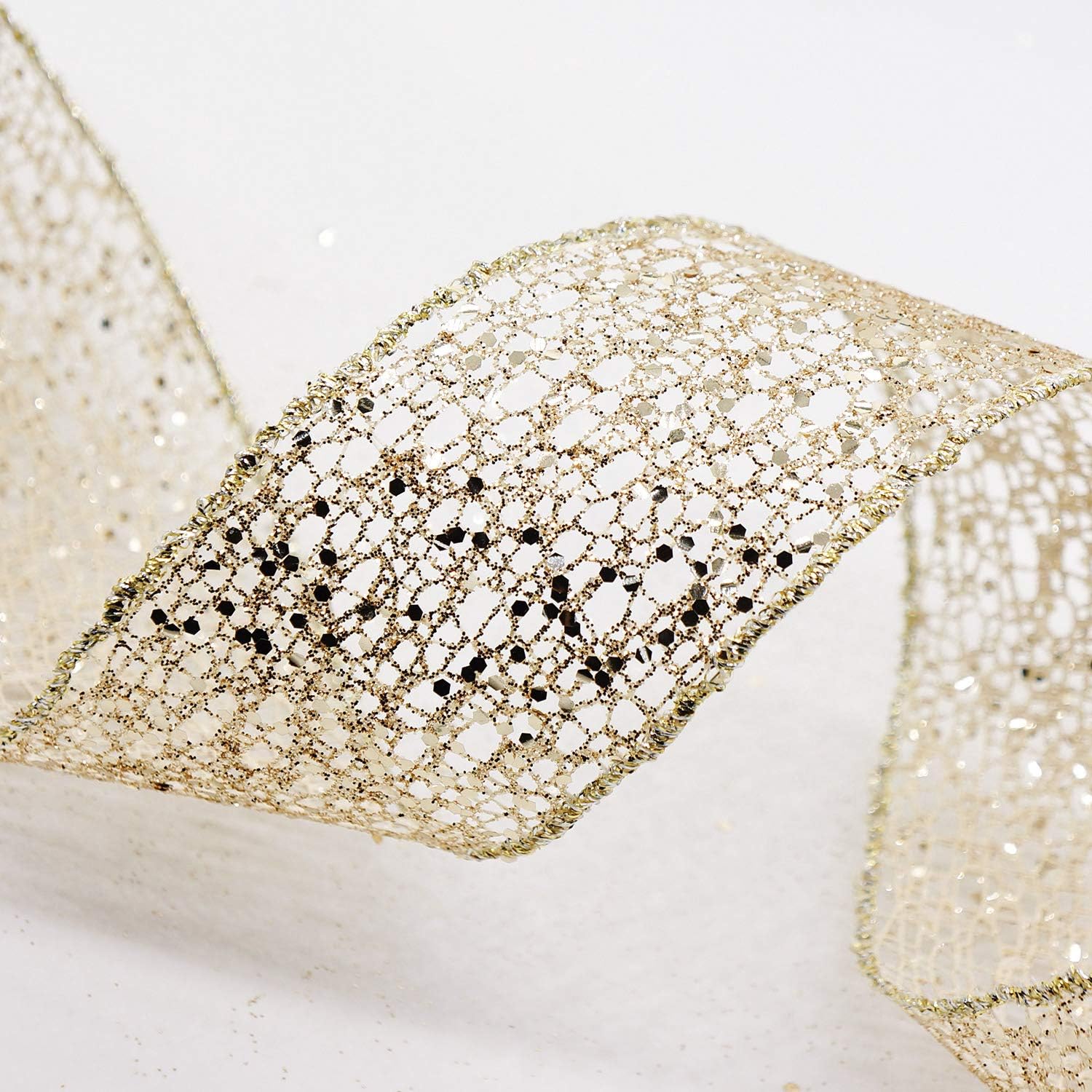 CT CRAFT LLC Sparkling Glitter Mesh Wired Ribbon 2.5" x 10 Yards Champagne Gold for Christmas Home Decor Bow Gift Wrapping DIY Crafts Wreath - Crafty Corner