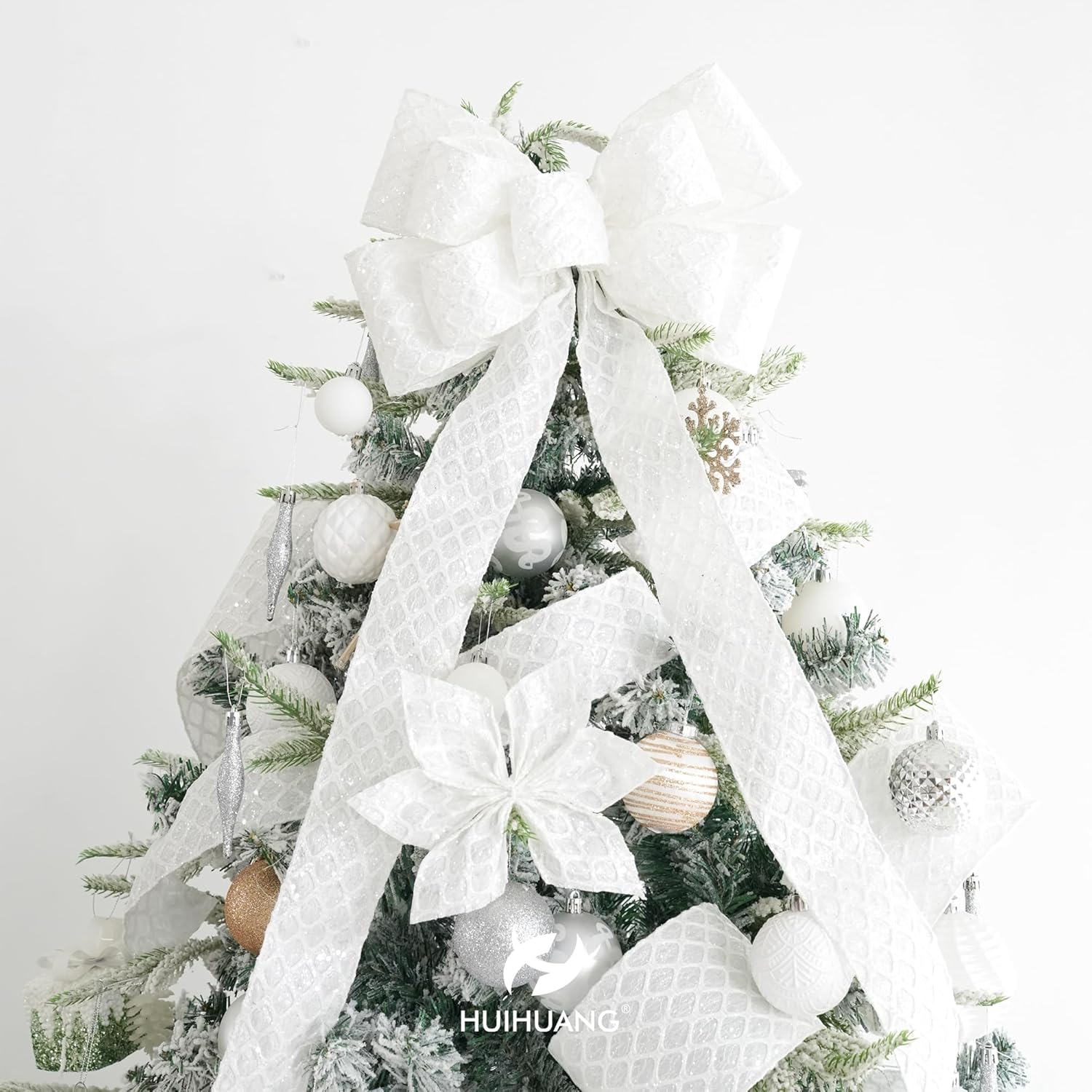 HUIHUANG White Glitter Wired Ribbon, 4 Inch x 30 Ft, Geometric Pattern, Polyester Material, Christmas Occasion - Crafty Corner