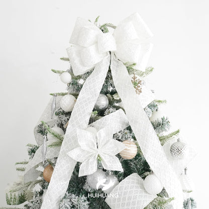 HUIHUANG White Glitter Wired Ribbon, 4 Inch x 30 Ft, Geometric Pattern, Polyester Material, Christmas Occasion - Crafty Corner