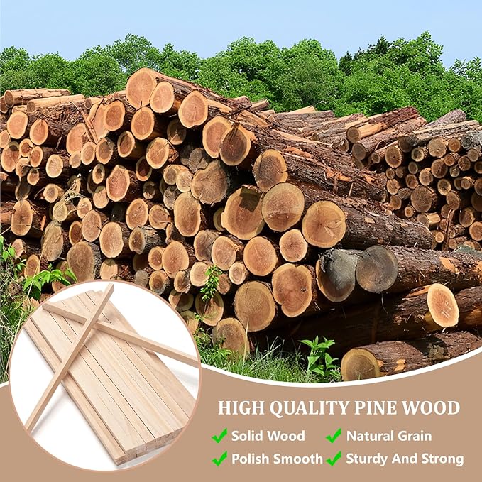 Wood Strips Slats Wooden Sticks for Crafts 1/4" × 1/2" × 12", 30 PCS Thin Wood Trim Planks Lumber Flat Boards Pieces Square Wooden Dowel Rods for Crafting, Woodworking, Model Making