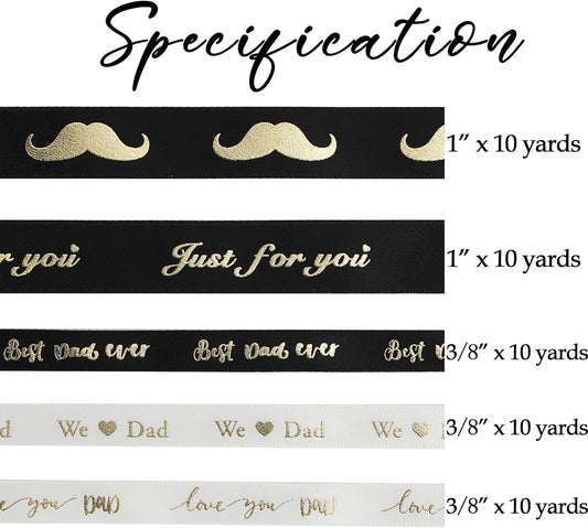 MEEDEE Happy Father's Day Ribbon Fathers Day Decorations Gift Box Wrapping Paper Decor Thank You Satin Thin Ribbon Assorted Black Satin, 5 Rolls with 10 Yards Each Total 50 Yards - Crafty Corner