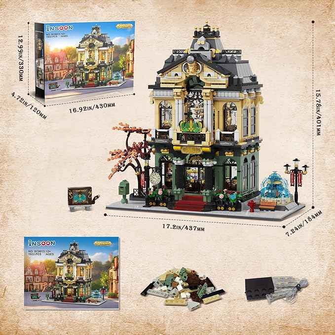 INSOON City Jewelry Store Building Set with Lights & Cart Fountain, 1933 PCS Street House Modular Construction Model, Home Decor Big Jewelry Shop Building Block Kit, Gift for Adults Boys Girls 14+