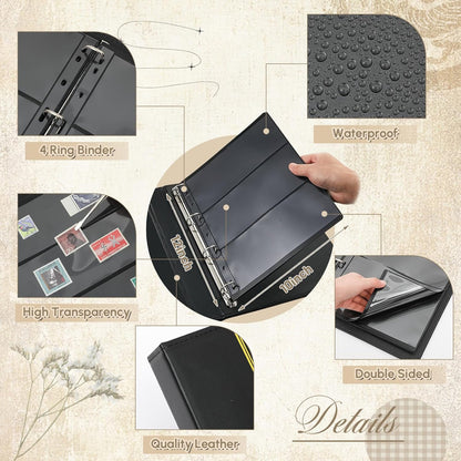 Lewtemi Stamp Collecting Albums Set Stamp Collection Book Include 20 Pages Album Binder Tweezer and Loop Magnifier Collecting Supplies for Collectors(Black,1/2/3/4 Rows)