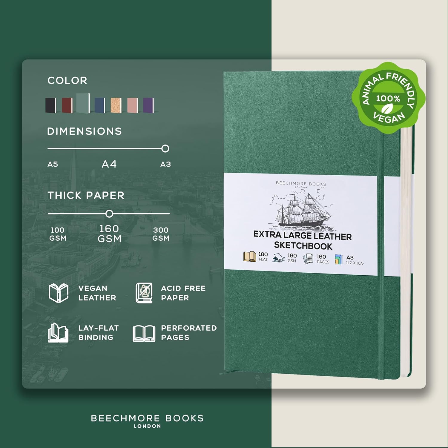 Beechmore Books A3 Sketchbook – 11.7x16.5 Premium Vegan Leather Bound Large Sketch Book Hardcover with 160 Thick 160gsm Perforated Ivory Pages, Blank Sketch Pad Gift Boxed Back Pocket Ribbon Bookmark - Crafty Corner