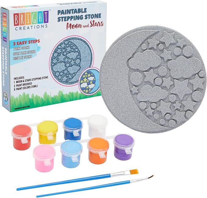 Bright Creations Stepping Stones Outdoor Paint-Your-Own Moon & Stars Kit - 10-Inch, Multicolor, 11-Piece - with Acrylic Paint & Brushes - Garden Stone Craft Kit