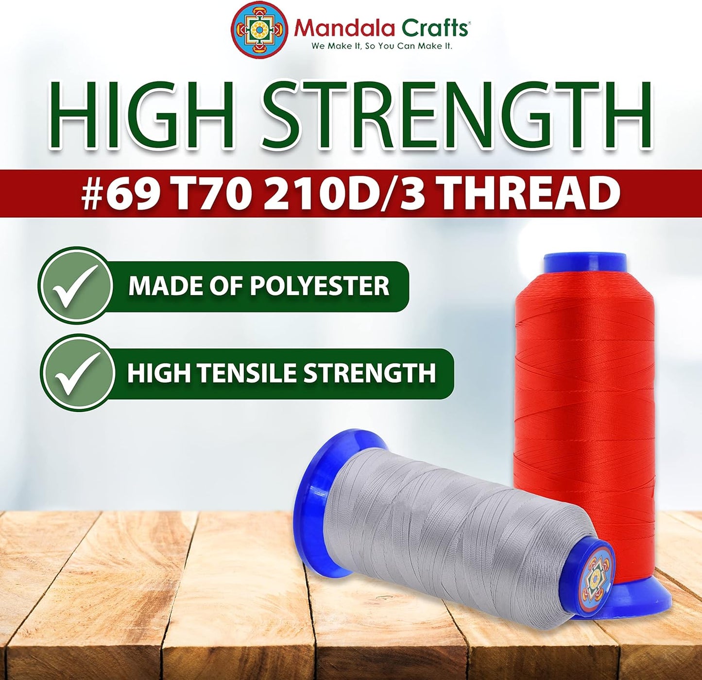 Mandala Crafts Gray Heavy Duty Thread -1500 Yds Tex 70 Thread for Sewing Drapery Jeans Leather Hair - Bonded Polyester Thread Outdoor Marine Upholstery Threads
