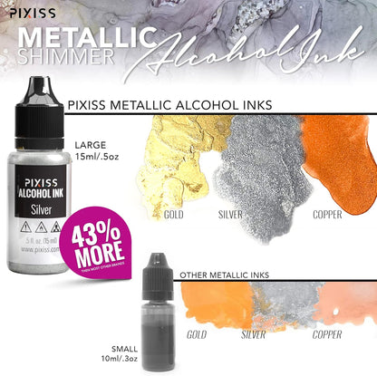 Metallic Alcohol Ink Set - Gold, Silver, Gunmetal, Copper, Pearl with Extreme Shimmer - Large 0.5 Ounce Inks