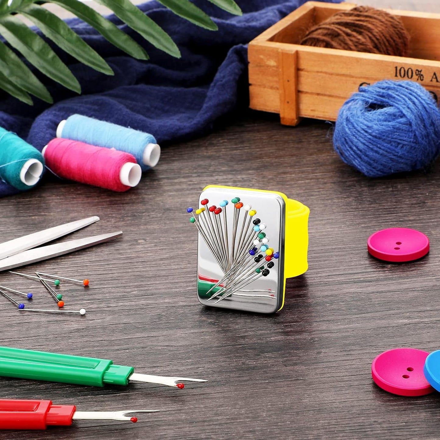 WILLBOND Magnetic Wrist Sewing Pincushion Wrist Magnetic Pin Holder Wristband Pin Cushion Holder with 3 Pcs Stainless Steel Pintail Comb Rat Tail Comb for Hair Clips Hand Sewing(Yellow)