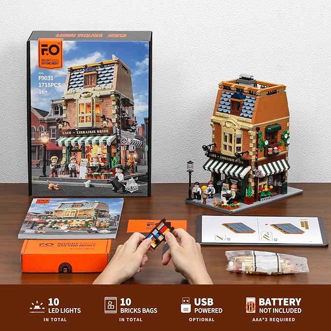 Funwhole Book-Cafe Lighting Building-Bricks Set - City Town Coffee House LED Light Modular Construction Building Model Sets 1718 Pcs for Adults and Teen