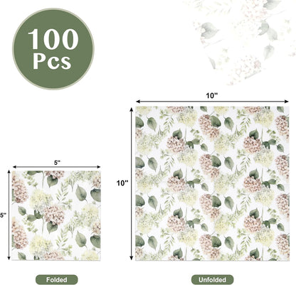 100 Pcs Hydrangea Scatter Floral Cocktail Beverage Napkins Hydrangeas Flowers Disposable Paper Dessert Napkin for Spring Summer Birthday Party Supplies