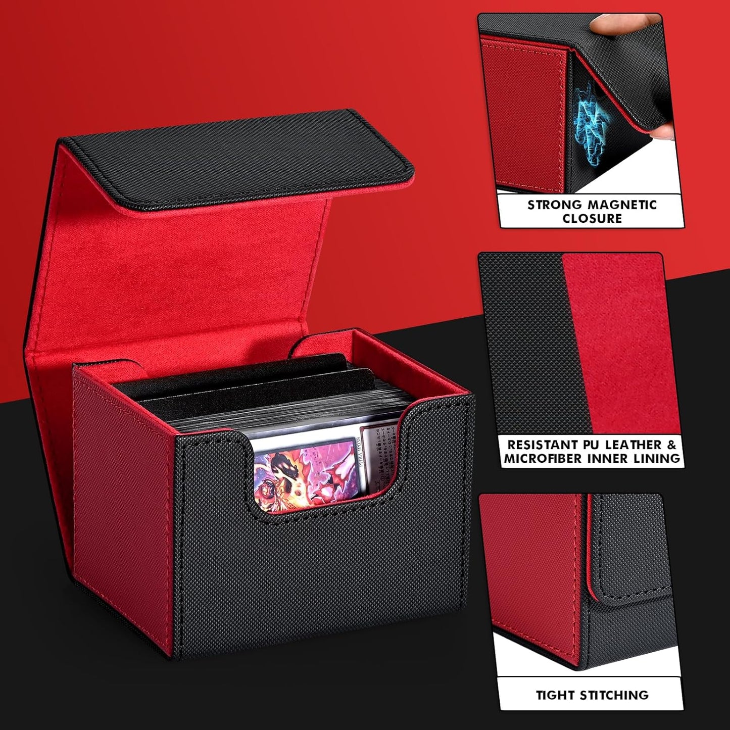 ZLCA Card Deck Box for Trading Cards, MTG Commander Deck Box Holds 120+ Single Sleeved, Leather Magnetic Card Storage Case Fits for TCG CCG Magic (Red& Black)