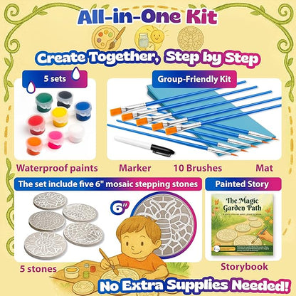 Pinwheel Crafts Stepping Stone Kit for Kids – Paint Your Own Mosaic Stones with Storybook | 5 Preprinted Cement Designs, Waterproof Paints, Brushes & Markers | Creative Garden Craft Gift for Ages 6+