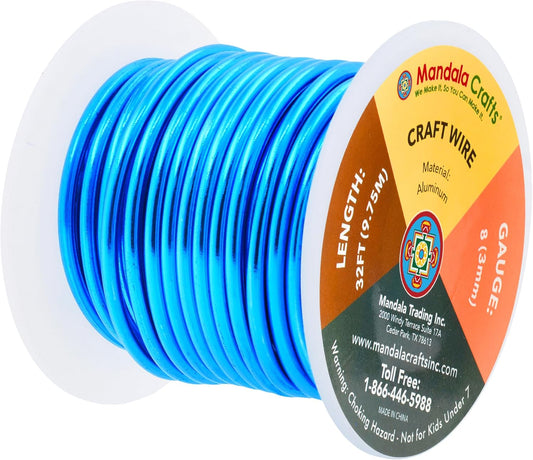 Mandala Crafts 8 Gauge Anodized Aluminum Craft Wire for Jewelry Making - 32 FT Colored Flexible Bondi Blue Wire - Bendable for Bonsai Armature Crafting Sculpting - Crafty Corner