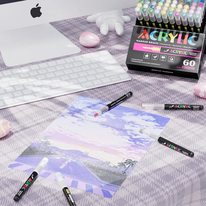 60 Colors Acrylic Marker With Brush Tip Automatic Ink Control, Water Based Ink Paint Markers For Rock Painting, Canvas, Wood, Ceramic, Glass, Stone, Fabric, DIY Crafts Textile & Art Supplies