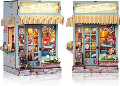 DIY Book Nook Kit, Miniature Dollhouse Bookshelf Insert with Light, Laser-Cut Wooden Craft Set for Adults, Perfect for Teens and Adults, Beach Bar