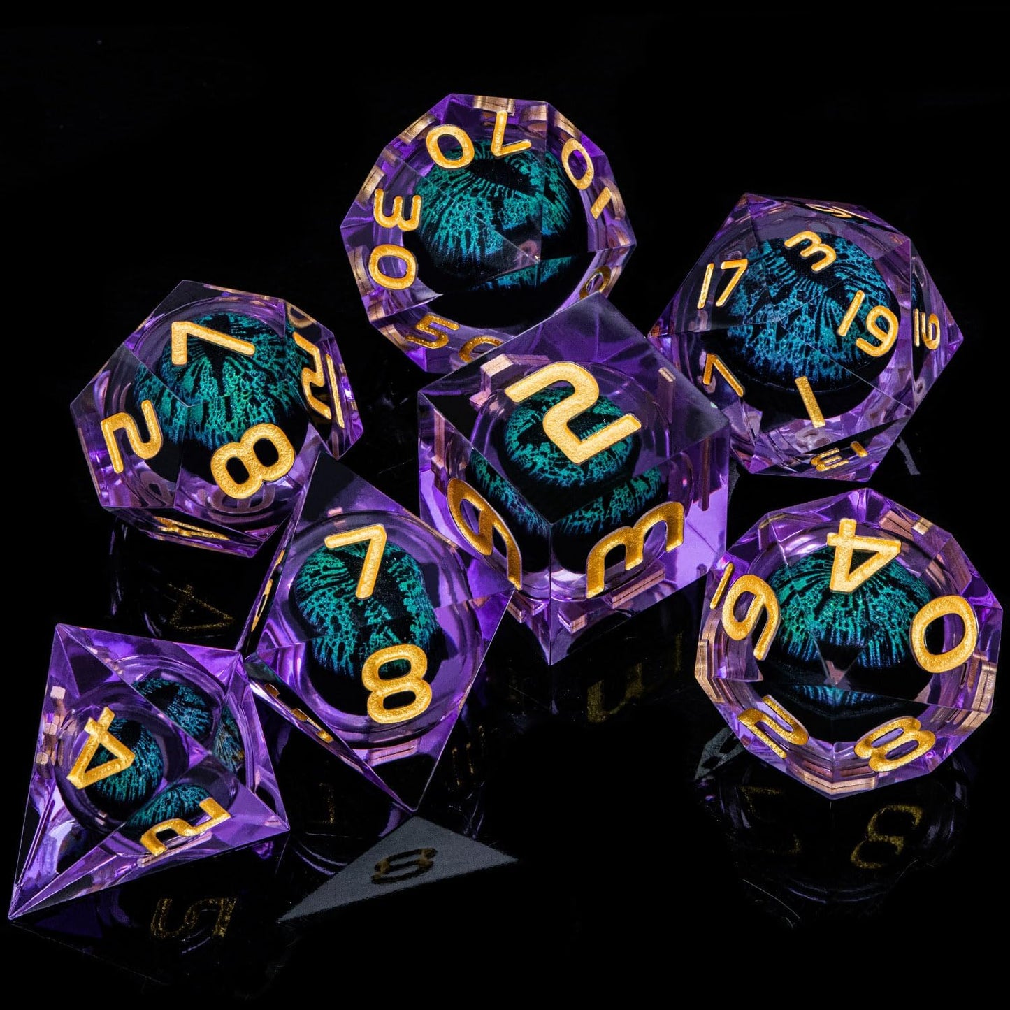 ARUOHHA Dragon Eye DND Dice, Purple Green Resin Sharp Edged Dice Set RPG Role Playing Game, Liquid Core Polyhedral D and D Dice Set D20 D12 D10 D8 D6 D4