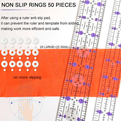 Quilting Ruler, Sewing Ruler, 8 Pack, Acrylic Quilting Templates(6"x17", 3"x17", 2"x16", 1.5"x12", 1"x12", 1"x6", 8"x3"), Non Slip Rings 25 Pieces, Sewing and Quilting Supplies - Clear/Purple