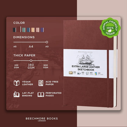 Beechmore Books A3 Sketchbook – 11.7x16.5 Premium Vegan Leather Bound Large Sketch Book Hardcover with 160 Thick 160gsm Perforated Ivory Pages, Blank Sketch Pad Gift Boxed Back Pocket Ribbon Bookmark - Crafty Corner