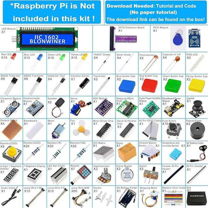 Ultimate Starter Kit for Raspberry Pi 5 4 B 3 B+ 400 Zero 2 W, Python C C++ Java Scratch Processing Code, 297 Items, 124 Projects, Online Tutorial Courses for Beginner (Without Raspberry Pi)