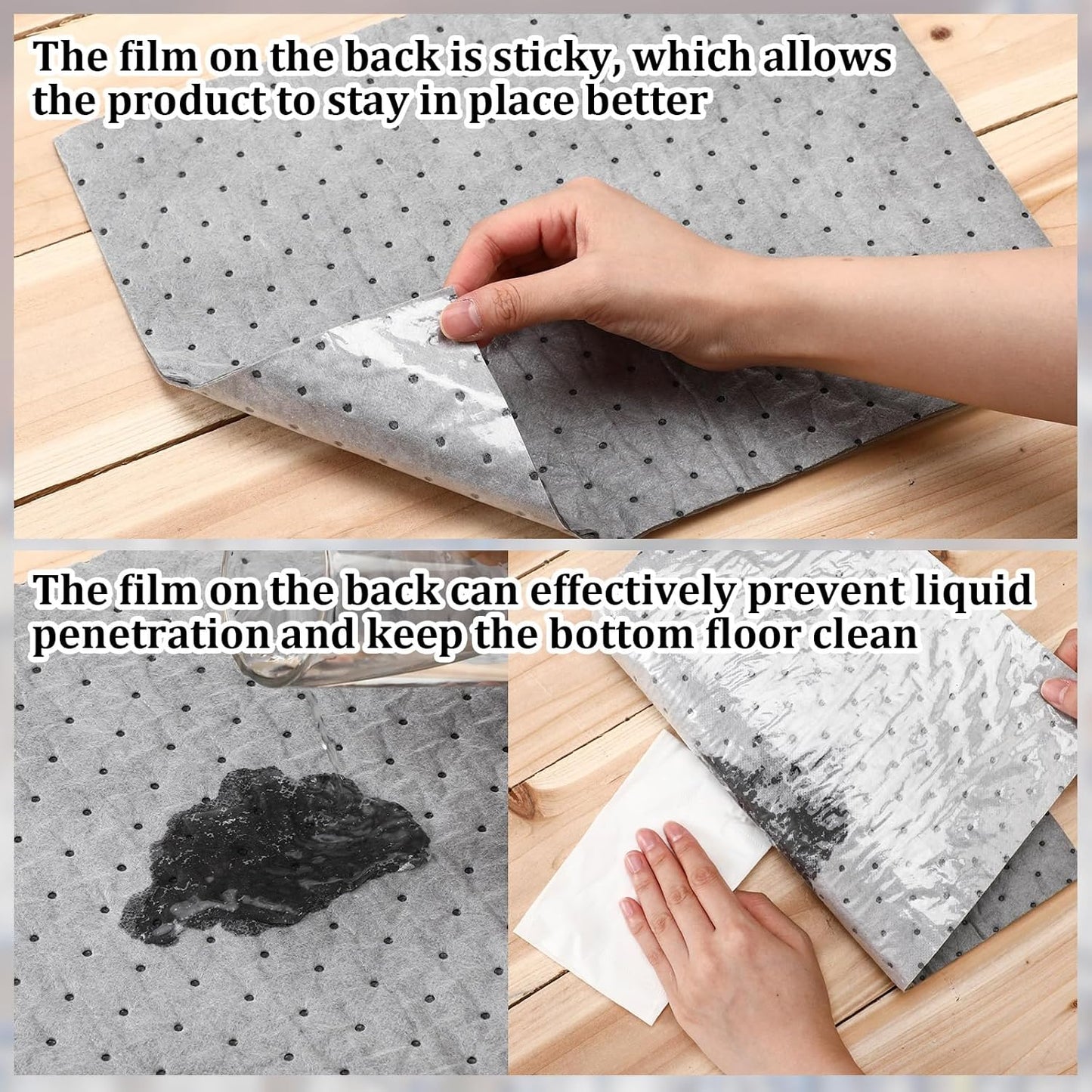 Sawysine 100 Pcs Adhesive-Backed Oil Absorbent Pads 13" x 10" Non-Slip Oil Absorbing Mats Gray Water Absorbent Mat for Garage Accessories Kitchen Basement Supplies