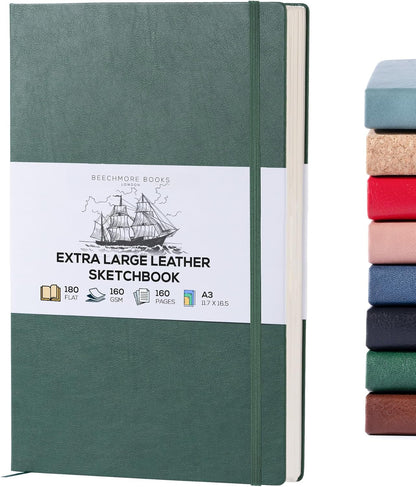 Beechmore Books A3 Sketchbook – 11.7x16.5 Premium Vegan Leather Bound Large Sketch Book Hardcover with 160 Thick 160gsm Perforated Ivory Pages, Blank Sketch Pad Gift Boxed Back Pocket Ribbon Bookmark - Crafty Corner