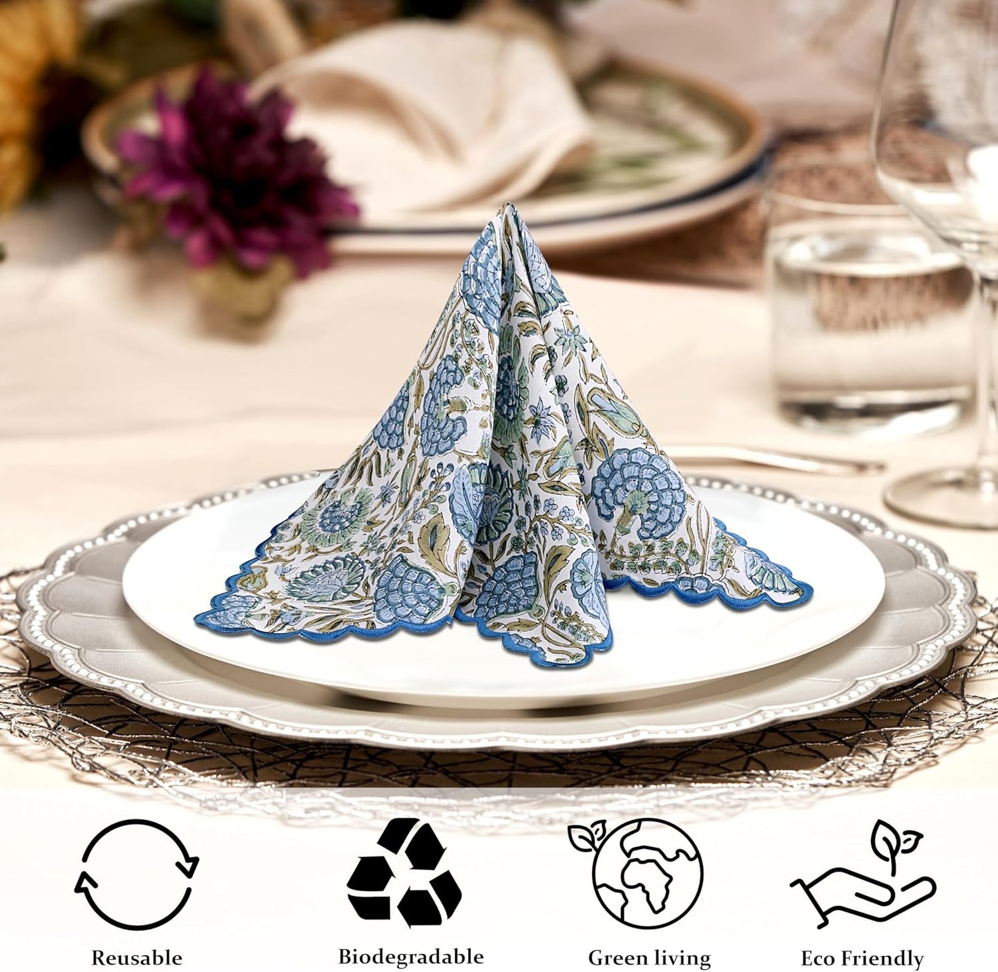 Ridhi Asparagus GreenHand Block Print Napkins 18" x 18" Set of 4 Reusable Cotton Dinner Napkins for Weddings, Parties & Everyday Dining, Thanksgiving, Christmas, Fall