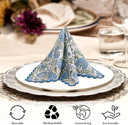 Ridhi Asparagus GreenHand Block Print Napkins 18" x 18" Set of 4 Reusable Cotton Dinner Napkins for Weddings, Parties & Everyday Dining, Thanksgiving, Christmas, Fall