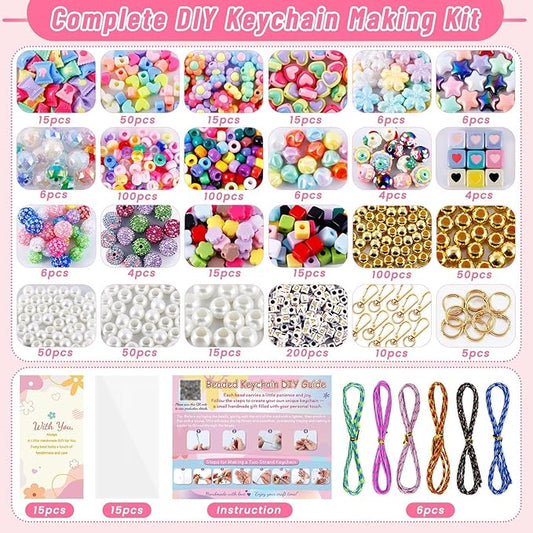 Wurosi 865 Pcs Bead Keychain Kit, DIY Bead Keychain Making Kit, Bag Charm Kit with Acrylic Heart Flower Alphabet Beads Key Chain Supplies for Jewerly Making Kit