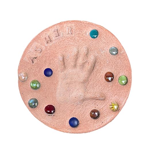 DIY Stepping Stone Kit with Color Pigment, Handprint Stepping Stone, Mother's Day Gift, Footprint Stepping Stone (10 Inch + Stamp Set, Orange)