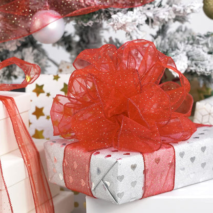 MEEDEE Red Gold Wired Ribbon - 2.5 Inch Sheer Ribbon with Gold Glitter Polka Dots for Christmas Tree, Wreath and Bow Making - Crafty Corner