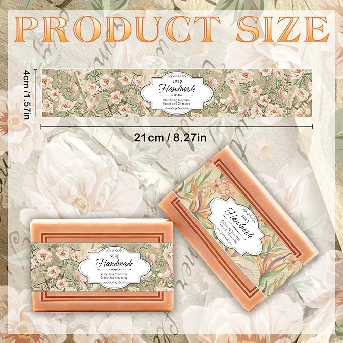 100 Eucalyptus Leaves Soap Wrapper 8 Style Vintage Flower Wrap Tape Kraft Paper Vertical Tag Sleeves Covers for Christmas Homemade Soaps Packaging Supplies(Vintage Flowers 2)