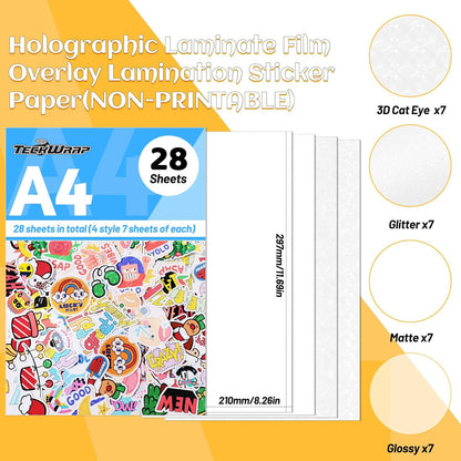 TECKWRAP Laminating Sheets Clear Vinyl Laminate Sheets Sticker Paper for Inkjet Printer Printable Vinyl Stickers, Photo Paper 8.26" x 11.69" A4 28 Sheets (3D Cat Eye, Glitter, Glossy, Matte)