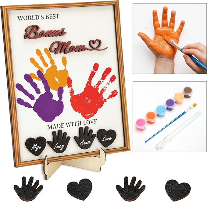 Bonus Mom Gifts DIY Handprint Kit Personalized Keepsake Frame, Gifts for Stepmom Step Mother Christmas Birthday Mother Gift, Bonus Mom Gift from Daughter Son Family Craft