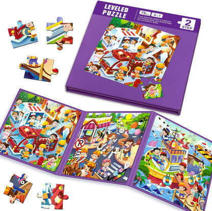 Magnetic Puzzles for Kids Ages 4-8, 3 in 1 Toddlers Cartoon Magnet Jigsaw Puzzle Book, Travel Toys, Preschool Learning Toy for Ages 3-8 (Purple Squad)