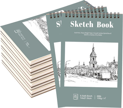 12 Pack Sketch Book, 5.5 x 8.5 Inch Sketchbook, 68lb/100gsm Top Spiral Bound Sketch Pad, Acid Free Art Supplies Drawing Painting Sketching Paper for Kids, Adults, Beginners, Artists (30 Sheets Each) - Crafty Corner
