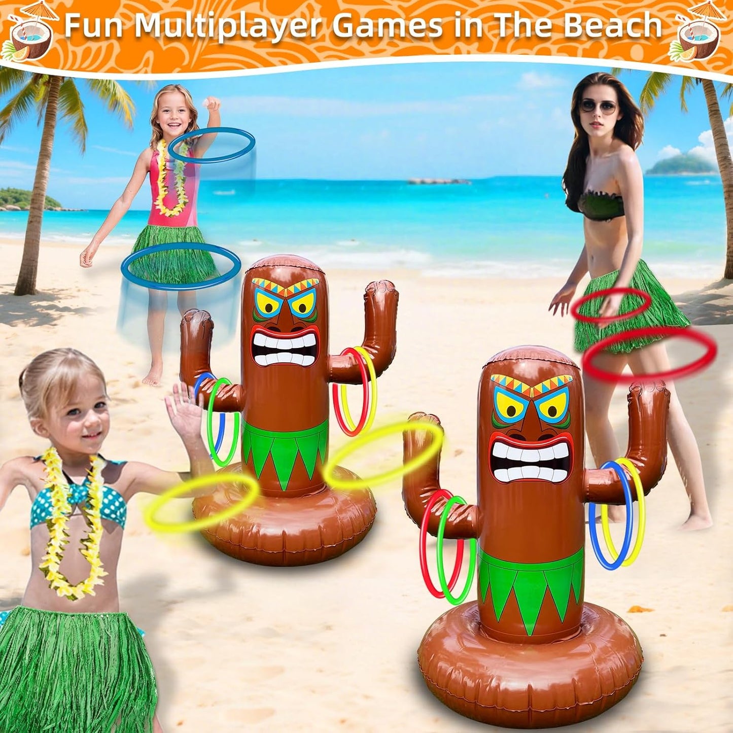 25" Inflatable Luau Tiki Pool Toss Games, Tiki Pool Ring Toss Toys with 4 Rings for Boys Girls Adults Indoor Outdoor Tropical Summer Swimming Inflatable Bean Bags Toss Hawaiian Luau Party Supplies