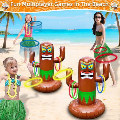 25" Inflatable Luau Tiki Pool Toss Games, Tiki Pool Ring Toss Toys with 4 Rings for Boys Girls Adults Indoor Outdoor Tropical Summer Swimming Inflatable Bean Bags Toss Hawaiian Luau Party Supplies