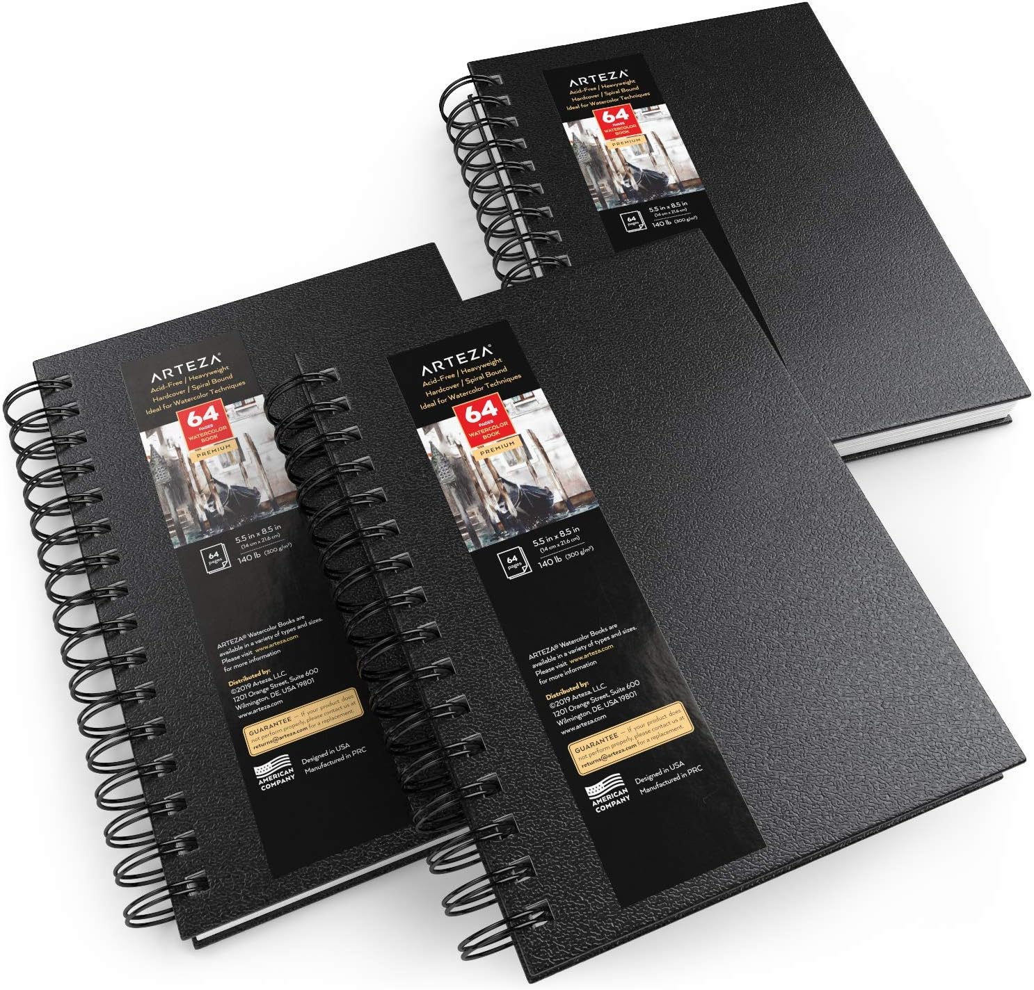 ARTEZA Watercolor Sketchbook Set, 3-Pack, 64 Pages per Book, 5.5 x 8.5 Inches, Black Hardcover Spiral Notebooks, 140-Pound Premium Watercolor Paper for Artists - Crafty Corner