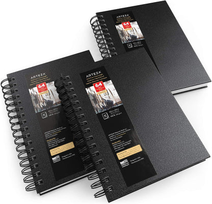 ARTEZA Watercolor Sketchbook Set, 3-Pack, 64 Pages per Book, 5.5 x 8.5 Inches, Black Hardcover Spiral Notebooks, 140-Pound Premium Watercolor Paper for Artists - Crafty Corner