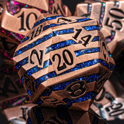 Metallic Glitter Stripes D&D,DND Metal Dice,7pcs Polyhedral Dice Set with Gift Case for D&D Tabletop Game (Antique Red Copper Seven Colors)