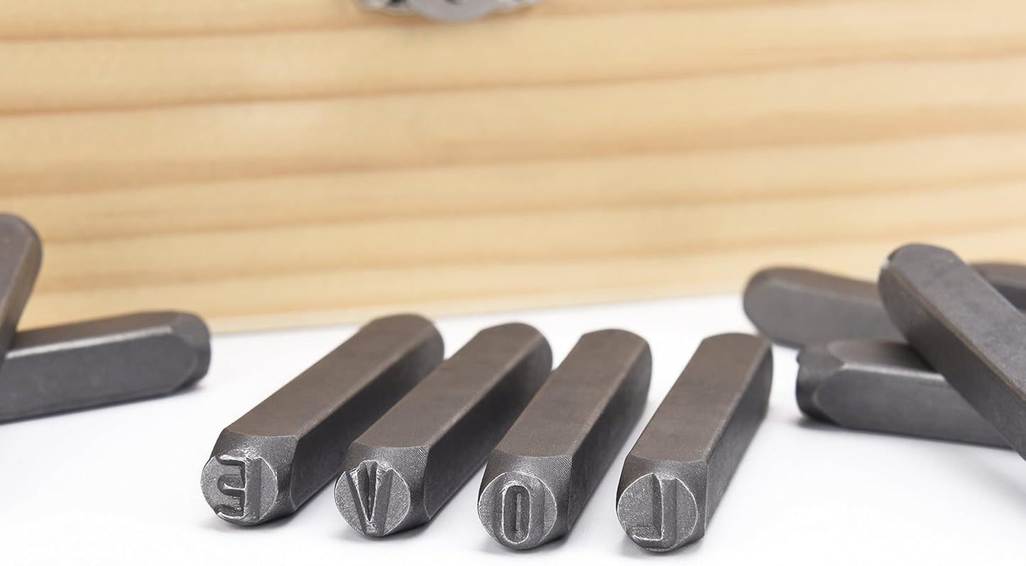 HimaPro Letter and Number Stamp Set 36pcs 40Cr Alloy Steel Metal Stamp Number & Letter Punch Set in a Wooden case (6mm 1/4 Inch)